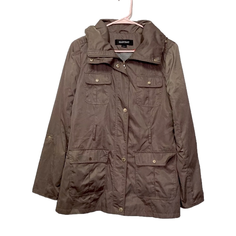 Ellen Tracy Olive Green Windbreaker Snap Button Zipper Hooded Jacket!
